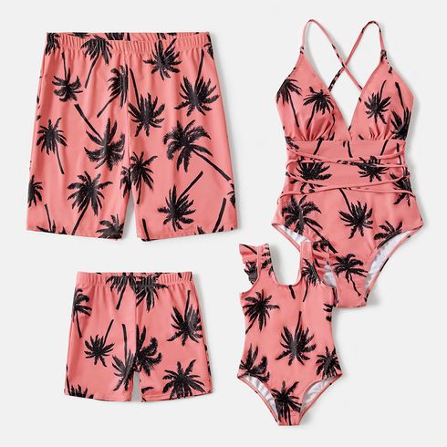 Family Matching All Over Coconut Tree Print Pink Swim Trunks Shorts and Spaghetti Strap One-Piece Swimsuit