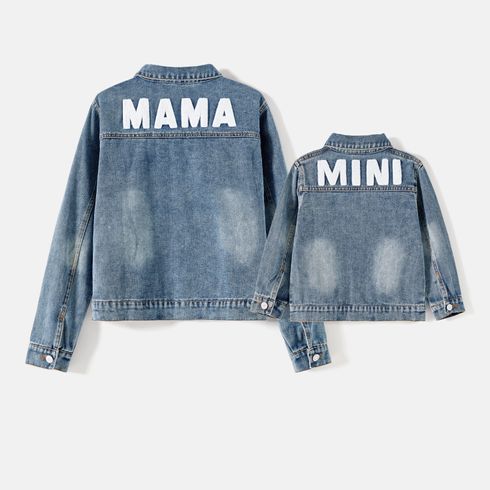 Mommy and Me Letter Embroidered Light Blue Distressed Denim Jackets