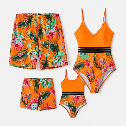 Family Matching Floral Print Orange One-piece Swimsuit and Swim Trunks