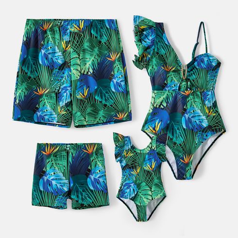 Family Matching Allover Plant Print Ruffle Trim One-piece Swimsuit and Swim Trunks
