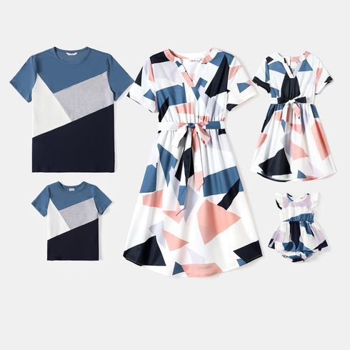 Family Matching Cotton Short-sleeve Colorblock T-shirts and Geo Print Belted Naia Dresses Sets