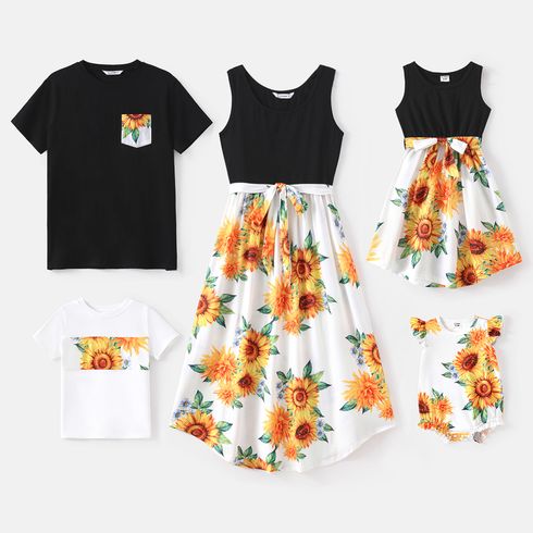 Family Matching 95% Cotton Short-sleeve Tee and Sunflower Print Spliced Tank Dresses Sets