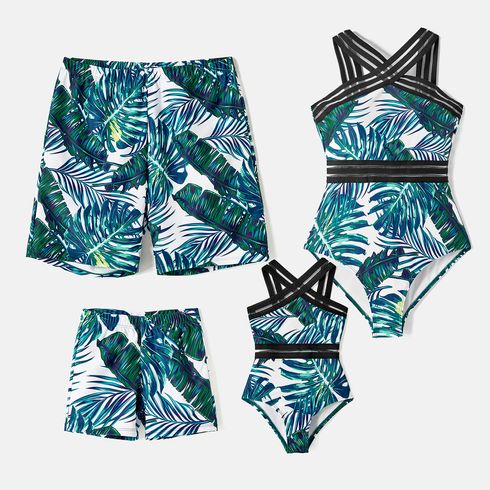 Family Matching Allover Palm Leaf Print Crisscross One-piece Swimsuit and Swim Trunks