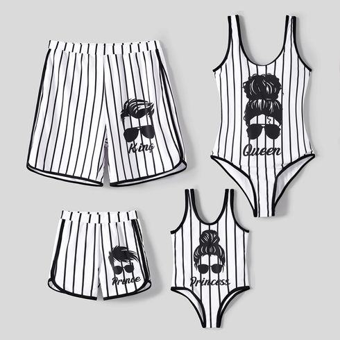 Family Matching Sunglass Figure Print Striped One-piece Swimsuit and Swim Trunks