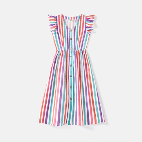 Family Matching Colorful Striped Flutter-sleeve Dresses and Short-sleeve Tee Sets COLOREDSTRIPES big image 2