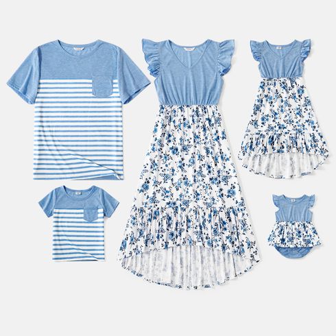 Family Matching Floral Print High Low Hem Flutter-sleeve Spliced Naia Dresses and Short-sleeve Striped T-shirts Sets