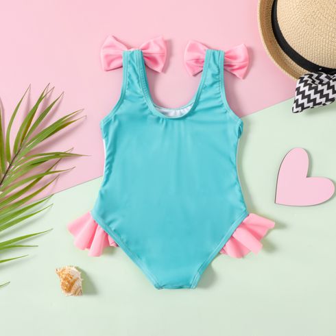 Baby Girl Fish Print Bow Decor Ruffle Trim One-piece Swimsuit Multi-color big image 3
