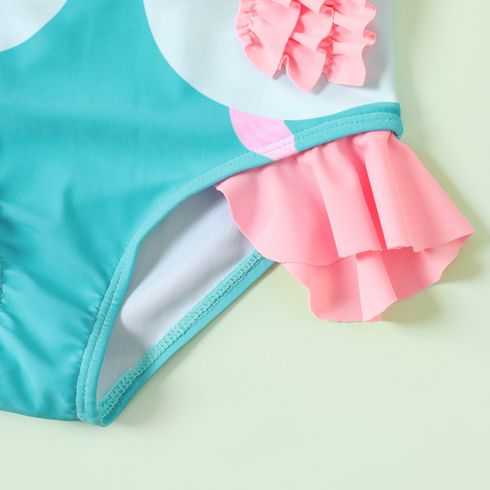 Baby Girl Fish Print Bow Decor Ruffle Trim One-piece Swimsuit Multi-color big image 6