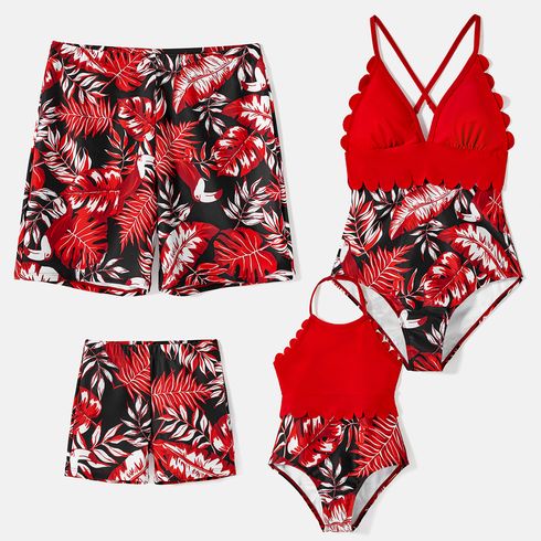 Family Matching Allover Plant Print Swim Trunks and Scallop Trim One-piece Swimsuit