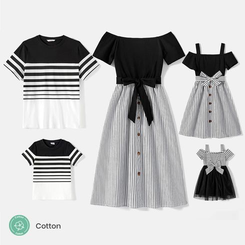 Family Matching Cotton Striped Short-sleeve T-shirts and Off Shoulder Belted Spliced Dresses Sets