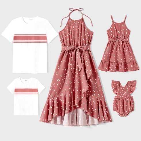 Family Matching Cotton Short-sleeve Striped T-shirts and Polka Dot Print Halter Ruffle Trim Dresses Sets