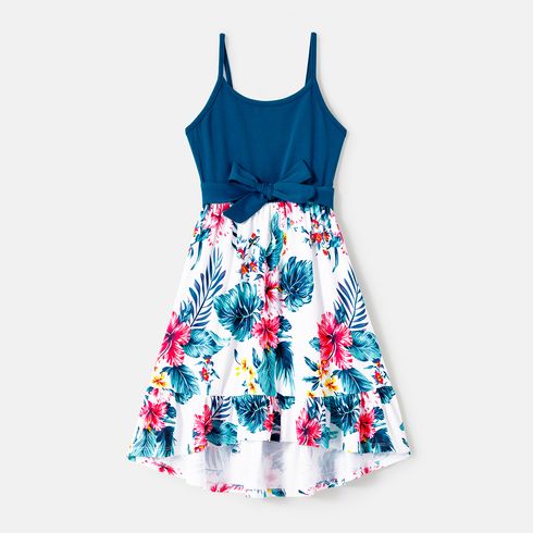 Family Matching Cotton Solid Spliced Plant Print High Low Hem Belted Naia™ Cami Dresses and Short-sleeve T-shirts Sets ColorBlock big image 7