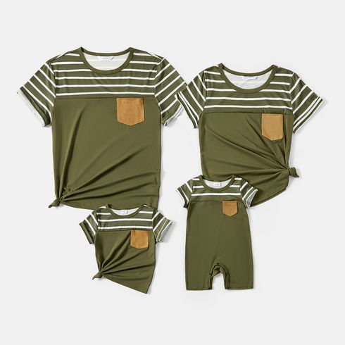Family Matching Striped & Solid Spliced Short-sleeve Tee Army green big image 1