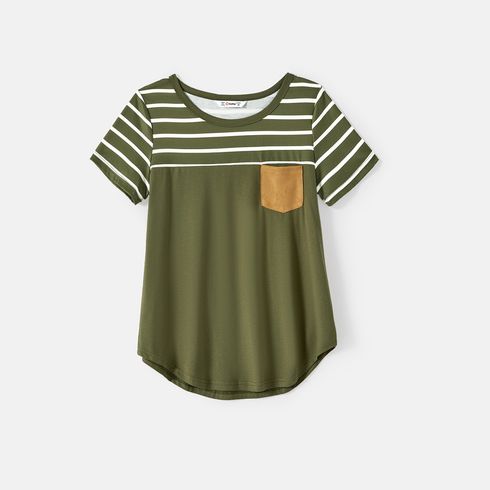 Family Matching Striped & Solid Spliced Short-sleeve Tee Army green big image 2