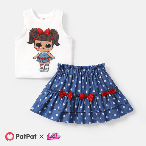 L.O.L. SURPRISE! 2pcs Toddler Girl Naia Sleeveless Tee and Bowknot Design Polka dots Cotton Skirt Set