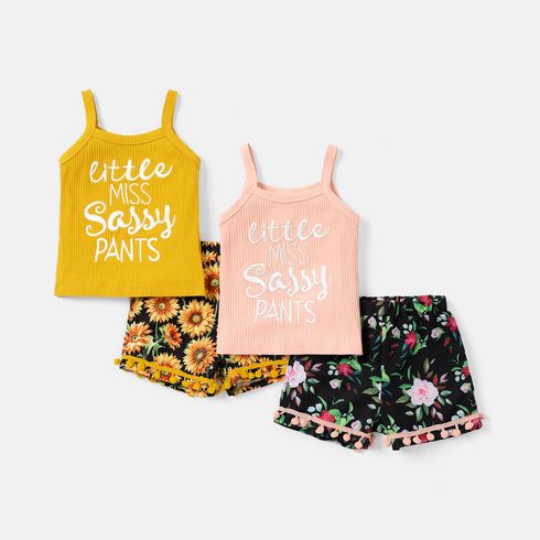 2pcs Toddler Girl Letter Print Camisole and Floral Print Shorts Set