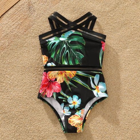 Family Matching Allover Tropical Plant Print One-piece Swimsuit and Swim Trunks Black big image 9
