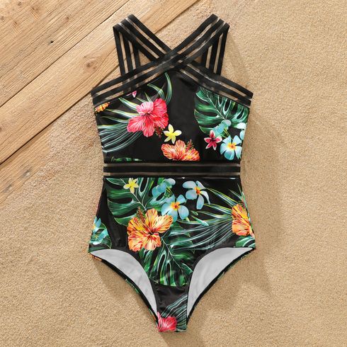 Family Matching Allover Tropical Plant Print One-piece Swimsuit and Swim Trunks Black big image 15