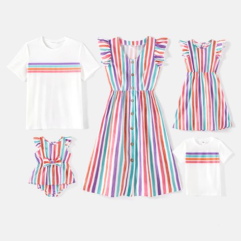 Family Matching Colorful Striped Flutter-sleeve Dresses and Short-sleeve Tee Sets COLOREDSTRIPES big image 1