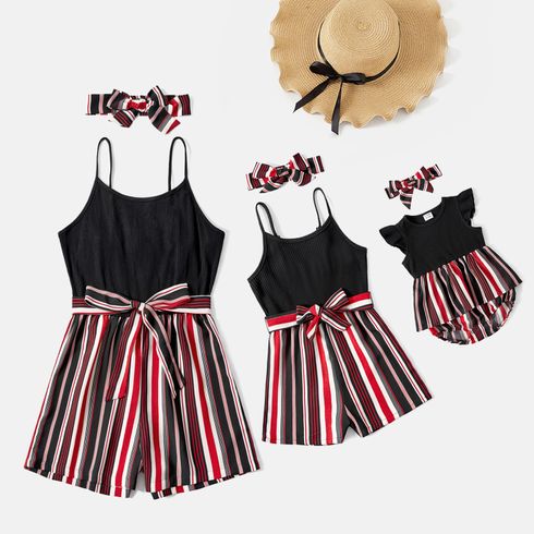Mommy and Me Black Cotton Ribbed Spliced Striped Belted Cami Rompers