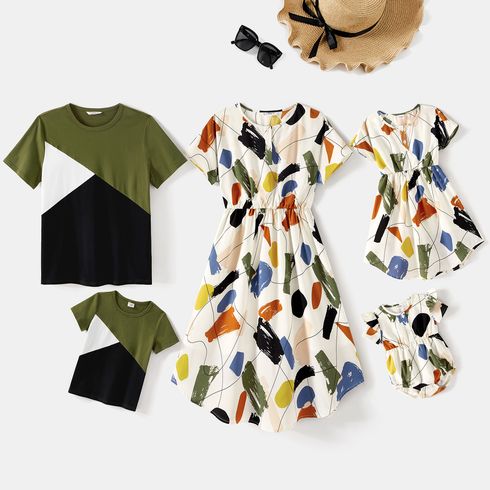 Family Matching Short-sleeve 95% Cotton Colorblock T-shirts and Allover Graffiti Print Dresses Sets