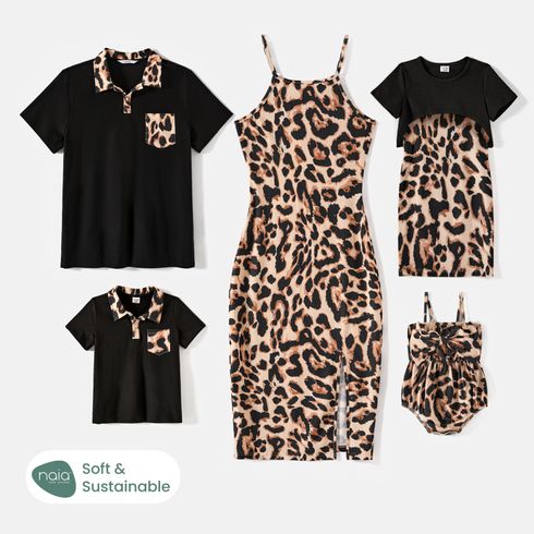 Family Matching Leopard Print Naia Strappy Split Dresses and Cotton Short-sleeve Polo Shirts Sets