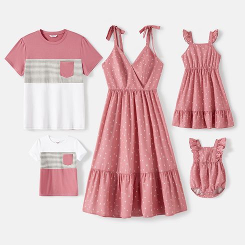 Family Matching Allover Print Strappy Dresses and Short-sleeve Striped Colorblock T-shirts Sets Pink big image 1