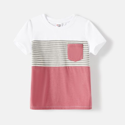 Family Matching Allover Print Strappy Dresses and Short-sleeve Striped Colorblock T-shirts Sets Pink big image 6