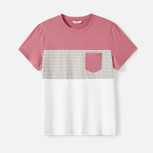 Family Matching Allover Print Strappy Dresses and Short-sleeve Striped Colorblock T-shirts Sets Pink big image 15