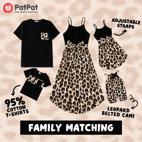 Family Matching 95% Cotton Short-sleeve T-shirts and Rib Knit Spliced Leopard Belted Cami Dresses Sets Black big image 2