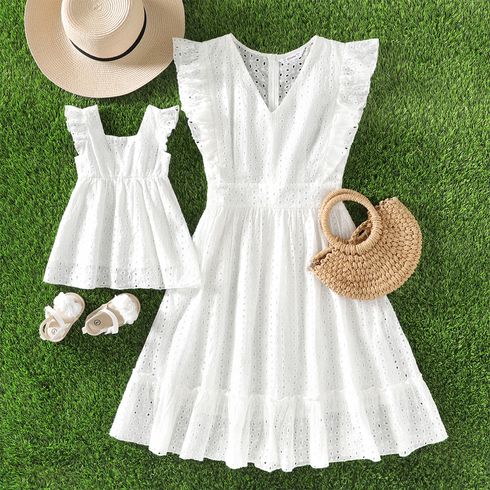 100% Cotton White Hollow-Out Floral Embroidered Ruffle Sleeveless Dress for Mom and Me