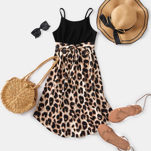 Family Matching 95% Cotton Short-sleeve T-shirts and Rib Knit Spliced Leopard Belted Cami Dresses Sets Black big image 4