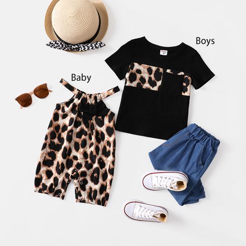 Family Matching 95% Cotton Short-sleeve T-shirts and Rib Knit Spliced Leopard Belted Cami Dresses Sets Black big image 5