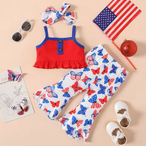 Independence Day 3pcs Baby Girl Cotton Ribbed Camisole and Animal Butterfly Print Flared Pants & Headband Set