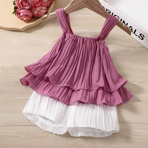 2pcs Baby Girl Solid Textured Layered Tank Top & Shorts Set