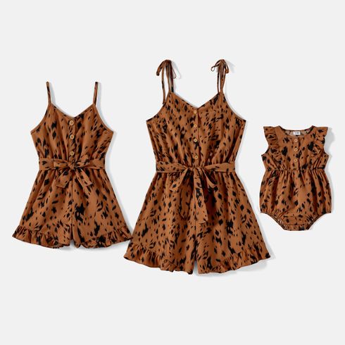 Mommy and Me Coffee Leopard Print Belted Strappy Romper Shorts
