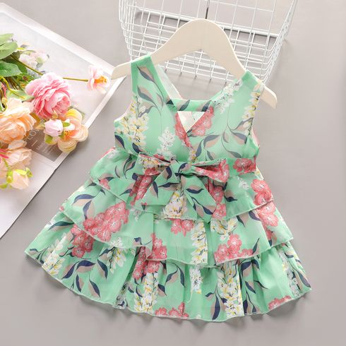 Dots or Floral Print Flounce Layered Sleeveless Baby Dress Green big image 2