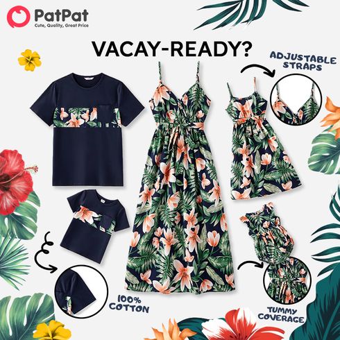 Family Matching All Over Floral Print V Neck Spaghetti Strap Midi Dresses and Splicing Short-sleeve T-shirts Sets royalblue big image 2