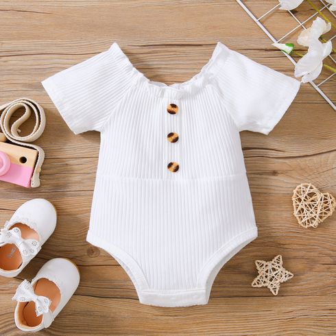 Baby Boy/Girl 95% Cotton Button Front Solid Ribbed Short-sleeve Romper