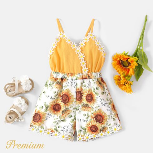 Baby Girl Floral Applique Design Sunflower Print & Solid Spliced Cami Romper