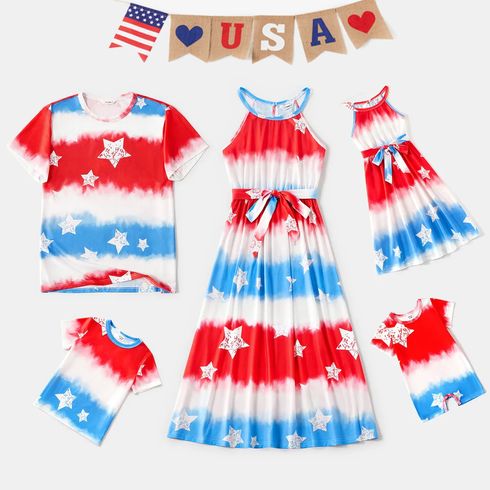 Independence Day Family Matching Allover Star Print Belted Tank Dresses and T-shirts Sets
