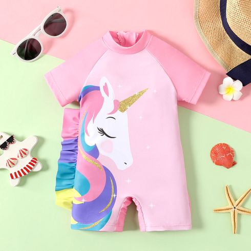 Baby Girl Unicorn Print Colorful Ruffle Trim Short-sleeve One-piece Swimsuit