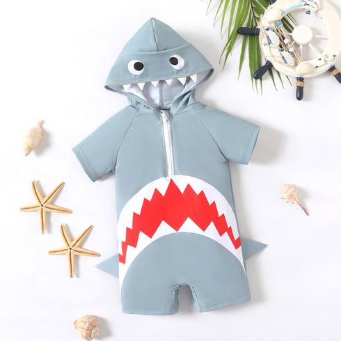 Baby Boy Shark Print Zipper Design Hooded Short-sleeve One-piece Swimsuit