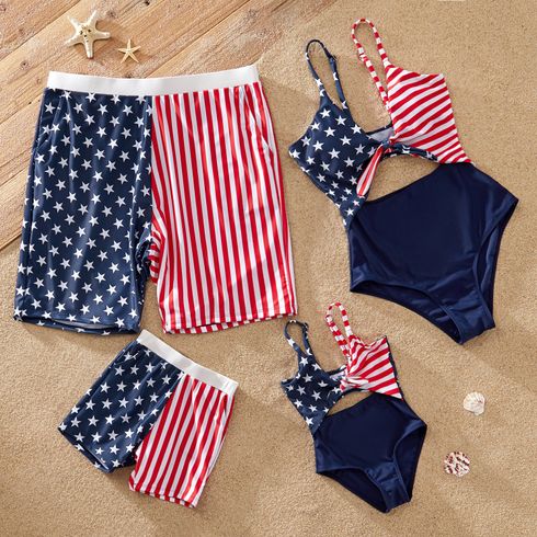 Independence Day Family Matching Star & Striped Spliced Knot Front Cut Out One-piece Swimsuit or Swim Trunks Shorts