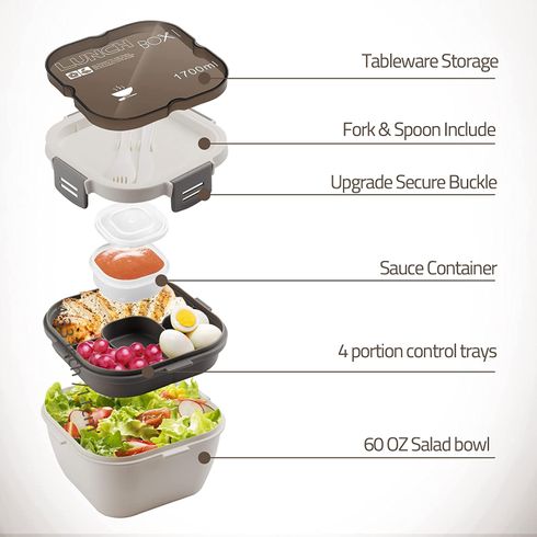 Leak Proof Salad Lunch Container 3 Compartment Bento-Style Tray, Sauce Container, Reusable Cutlery White big image 7