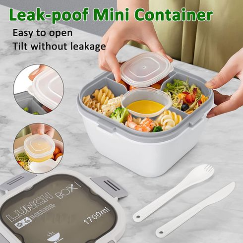 Leak Proof Salad Lunch Container 3 Compartment Bento-Style Tray, Sauce Container, Reusable Cutlery White big image 8