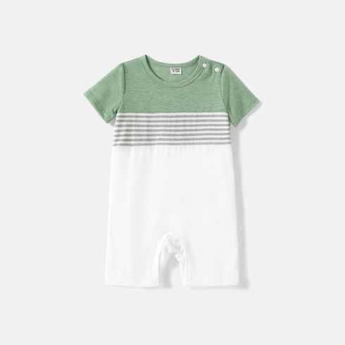 Family Matching Solid Short-sleeve Belted Dresses and Striped Colorblock T-shirts Sets Green big image 3