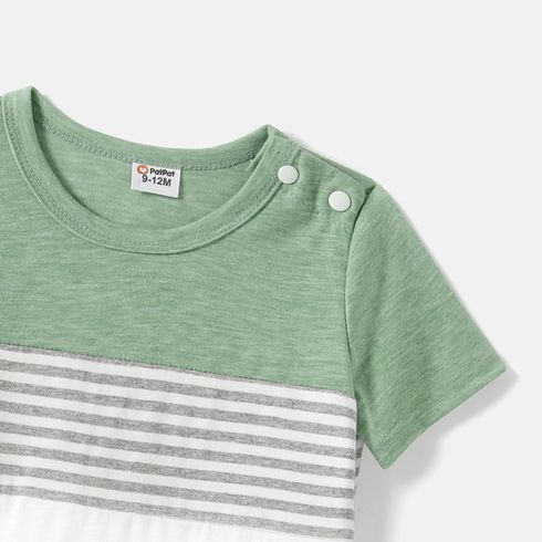 Family Matching Solid Short-sleeve Belted Dresses and Striped Colorblock T-shirts Sets Green big image 4