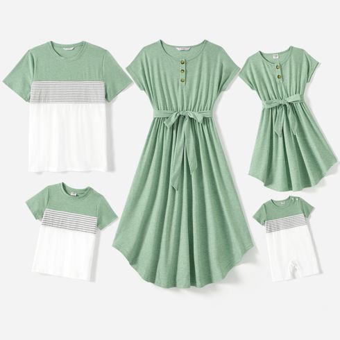 Family Matching Green Panel Dresses and Short-sleeve T-shirts Sets