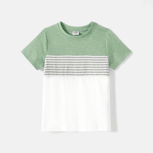 Family Matching Solid Short-sleeve Belted Dresses and Striped Colorblock T-shirts Sets Green big image 5